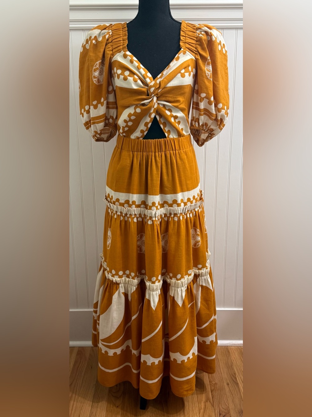 Sea New York Mustard and Cream Liora Maxi Cut Out Dress Sz 6